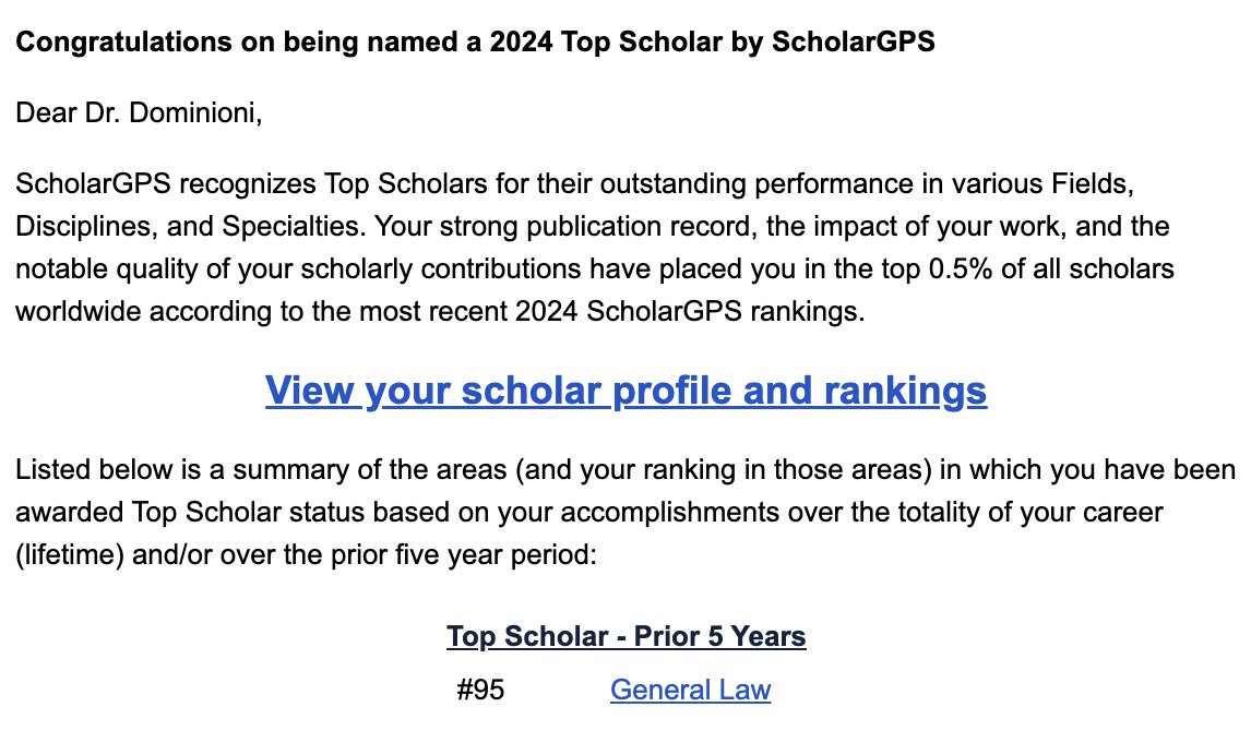 Goran Dominioni (@gorandominioni) on Twitter photo It is flattering that <a href="/ScholarGPS/">ScholarGPS</a> ranks me among the #Top100 law scholars #worldwide (general law) for my research in the last 5 years.
Grateful to be part of an institution that #values and #incentivizes impactful research!
<a href="/DCU/">Dublin City University</a> <a href="/DCUresearchSDG/">DCU&ResearchSDG</a> <a href="/DELI_DCU/">Dublin European Law Institute (DELI)</a> <a href="/DCUWater/">DCU Water Institute</a> <a href="/LawGovDCU/">Law and Gov DCU</a> It is flattering that <a href="/ScholarGPS/">ScholarGPS</a> ranks me among the #Top100 law scholars #worldwide (general law) for my research in the last 5 years.
Grateful to be part of an institution that #values and #incentivizes impactful research!
<a href="/DCU/">Dublin City University</a> <a href="/DCUresearchSDG/">DCU&ResearchSDG</a> <a href="/DELI_DCU/">Dublin European Law Institute (DELI)</a> <a href="/DCUWater/">DCU Water Institute</a> <a href="/LawGovDCU/">Law and Gov DCU</a>