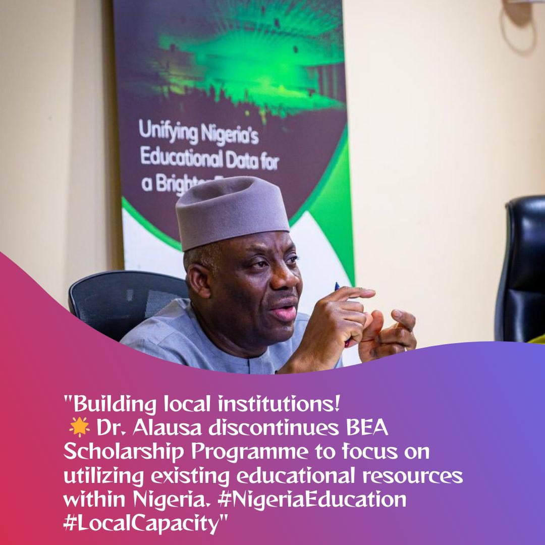 larabra900's tweet photo. Minister of Education, @DrTunjiAlausa is Building Local Institutions! 🌟 He has discontinued BEA Scholarship Programmes to focus on utilizing existing educational resources within Nigeria. #NigeriaEducation #LocalCapacity #ChildrensDay #AlausaEdReform #Alausa4NigChildren https://t.co/UtouUnbPku