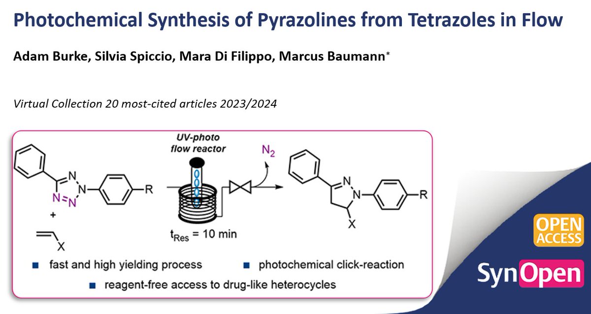 SynOpen Journal (@synopen_journal) on Twitter photo 🚀 Most Cited Articles Collection!
Prof. Baumann & team (<a href="/BaumannGroupUCD/">Baumann Research Group</a>) use UV light and #FlowChemistry to convert tetrazoles into pyrazolines via a reagent-free photo-click reaction. Fast, scalable & #sustainable! ⚡️
🔗 thieme-connect.com/products/ejour…
#Photochemistry #OpenAccess 🚀 Most Cited Articles Collection!
Prof. Baumann & team (<a href="/BaumannGroupUCD/">Baumann Research Group</a>) use UV light and #FlowChemistry to convert tetrazoles into pyrazolines via a reagent-free photo-click reaction. Fast, scalable & #sustainable! ⚡️
🔗 thieme-connect.com/products/ejour…
#Photochemistry #OpenAccess
