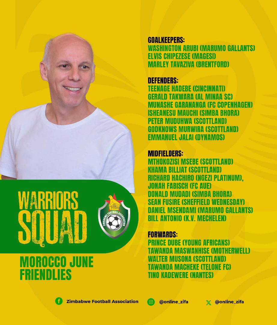 Warriors🇿🇼⚽️ captain, Marvelous Nakamba, and his vice Marshall Munetsi rested for next month's friendlies against Niger🇳🇪 and Burkina Faso🇧🇫.

Bill Antonio and Jonah Fabisch back in the squad while Sean Fusire (Shefield Wednesday) gets his first call up.