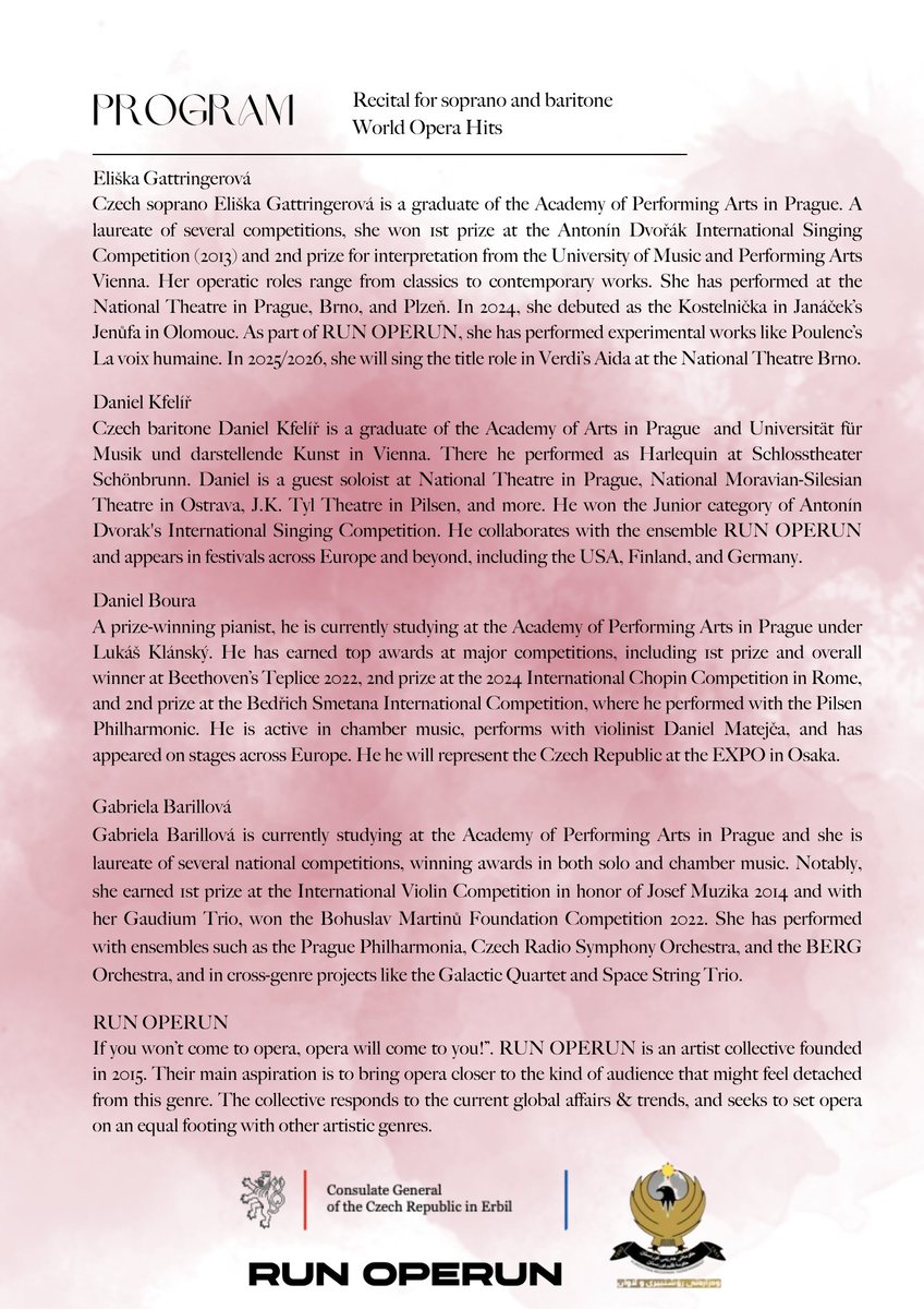 Czech Consulate General Erbil (@czecherbil) on Twitter photo <a href="/CZinErbil/">Czech Consulate General in Erbil</a> is pleased to announce a performance of the #WorldOperaHits on June 2, 2025, at #PeshawaHall in #Erbil, beginning at 7 pm.🎼
Free entrance, no registration is required. Catch a rare chance to hear #WorldOperaHits in #KRI! 🇨🇿💚
#Czechia🤝#KRI #OPERA #CultureDiplomacy <a href="/CZinErbil/">Czech Consulate General in Erbil</a> is pleased to announce a performance of the #WorldOperaHits on June 2, 2025, at #PeshawaHall in #Erbil, beginning at 7 pm.🎼
Free entrance, no registration is required. Catch a rare chance to hear #WorldOperaHits in #KRI! 🇨🇿💚
#Czechia🤝#KRI #OPERA #CultureDiplomacy