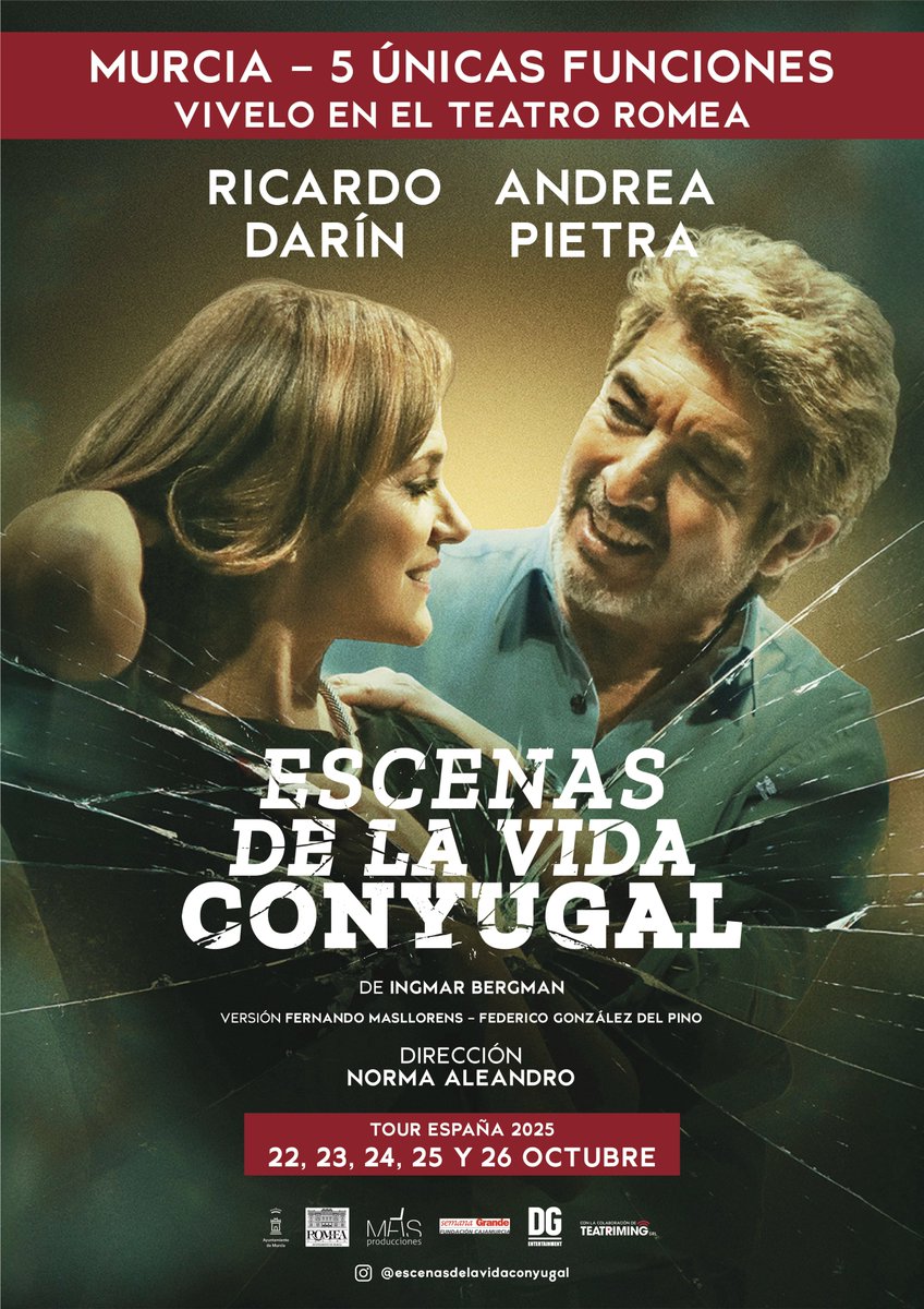 #RicardoDarín y #AndreaPietra subirán en octubre a las tablas del #TeatroRomea con ESCENAS DE LA VIDA CONYUGAL 🎭, una obra de Ingmar Bergman dirigida por #NormaAleandro que retrata el amor, las relaciones y la condición humana
🎟️Entradas ya a la venta
⚫️ teatroromea.es