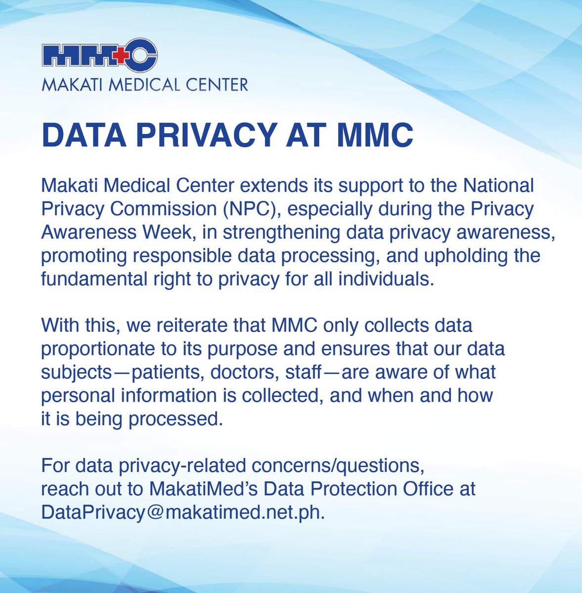 IamMakatiMed's tweet image. At MakatiMed, we ensure that your personal information is well-protected and that it is only used in the way you allow.

May everyone be mindful of the manner they share their details, especially online where cybersecurity threats abound. 

#PrivacyAwarenessWeek
