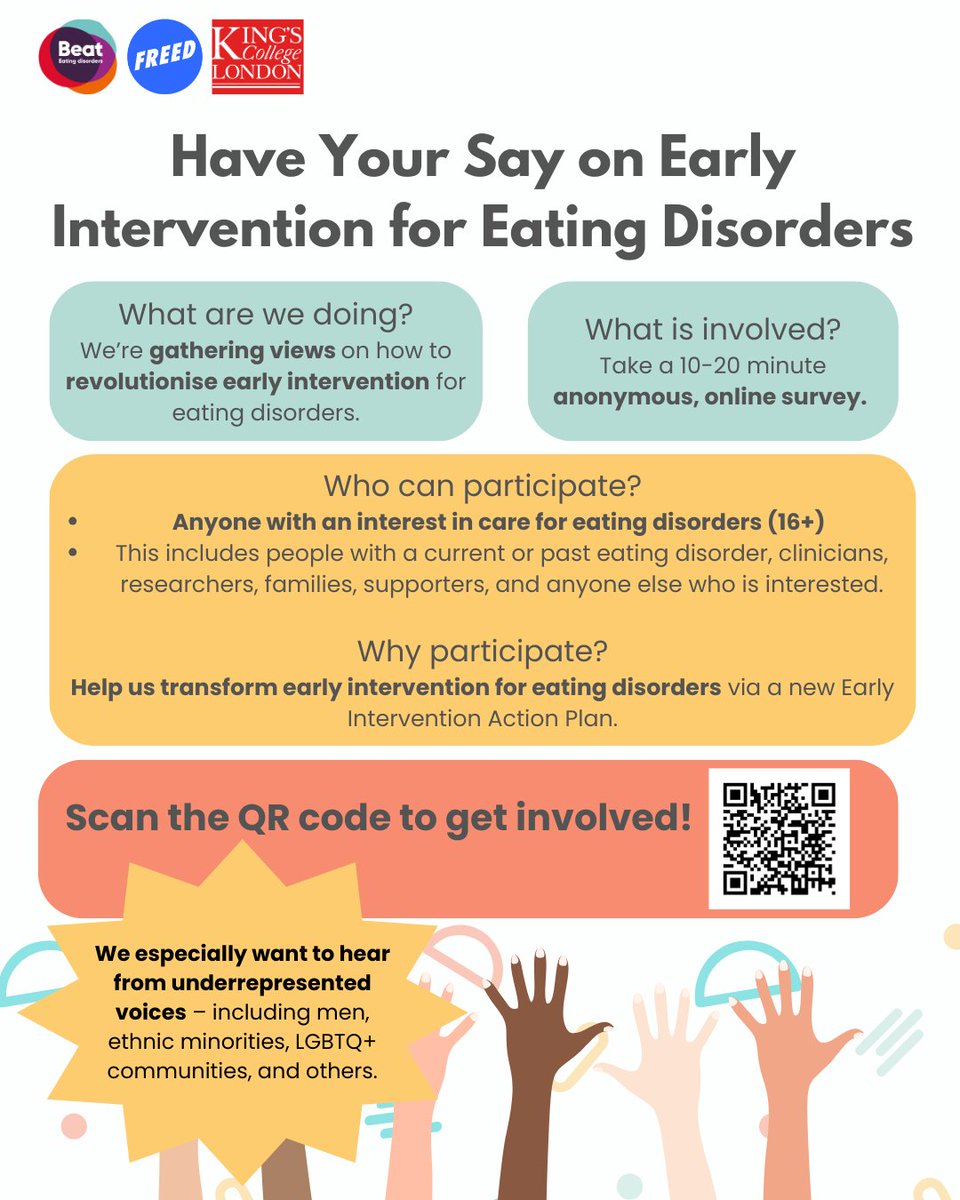 EDIFYresearch (@edifyresearch) on Twitter photo The <a href="/FREEDfromED/">FREED from ED</a> team want to hear from you!
What is most important in #earlyintervention for #eatingdisorders?
Those with lived experience, families, clinicians, researchers, anyone involved is welcome to take part.
Take the short survey here: qualtrics.kcl.ac.uk/jfe/form/SV_dc… The <a href="/FREEDfromED/">FREED from ED</a> team want to hear from you!
What is most important in #earlyintervention for #eatingdisorders?
Those with lived experience, families, clinicians, researchers, anyone involved is welcome to take part.
Take the short survey here: qualtrics.kcl.ac.uk/jfe/form/SV_dc…