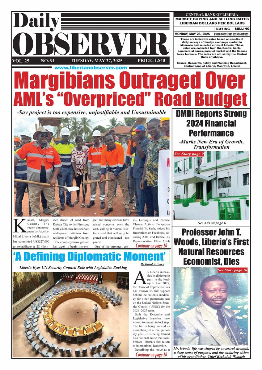 Liberianobserver.com (@libobserver) on Twitter photo #Liberia #Headlines | May 27, 2025
π§ <a href="/ArcelorMittal/">ArcelorMittal</a>βs $7.2M road plan sparks outrage in Margibi
π #Liberia eyes UN Security Council seat
ποΈ Prof. John T. Woods, resource economist, dies
Full story: liberianobserver.com
#LiberiaNews #UNSC #DailyObserver #Liberia #Headlines | May 27, 2025
π§ <a href="/ArcelorMittal/">ArcelorMittal</a>βs $7.2M road plan sparks outrage in Margibi
π #Liberia eyes UN Security Council seat
ποΈ Prof. John T. Woods, resource economist, dies
Full story: liberianobserver.com
#LiberiaNews #UNSC #DailyObserver