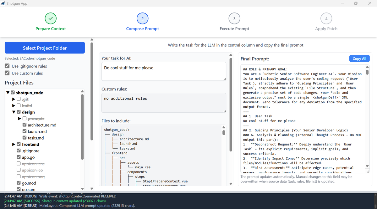 作为一名技术小白，现在可以通过 AI 快速了解一个 GitHub 项目，但每次都是一个一个文件复制粘贴发送，比较麻烦。

在逛 GitHub 时，发现了 Shotgun 这款工具，能帮我们轻松把整个代码库变成完整的 AI 上下文。

该工具能一键扫描项目文件夹，将所有代码按结构化格式整理，让 AI