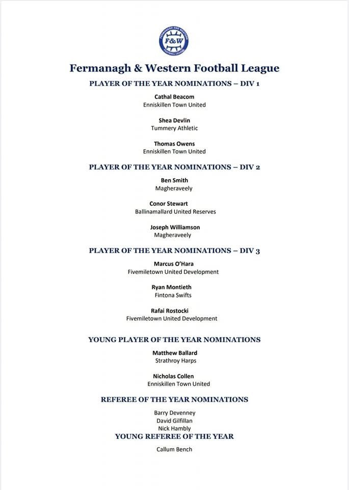 Our Reserves have 5️⃣ nominations for the <a href="/FandWLeague/">Fermanagh&Western</a> Division Two Team of the Year with Conor Stewart also nominated for Player of the Year.

Congratulations to Conor, Cameron, Henry, Shane and Jack 👏