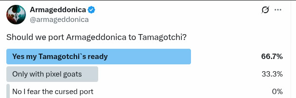 armageddonica's tweet image. We just optimized our demo for Steam Deck.
Gamers:
📊 “Can I play it in Excel tho?”
🧙 “Does it support Vim keybinds?”
🐣 “Tamagotchi port WHEN?”
At least no one wants to play on MS-DOS :)
#SteamDeck #IndieDev #GameDev #DevLife