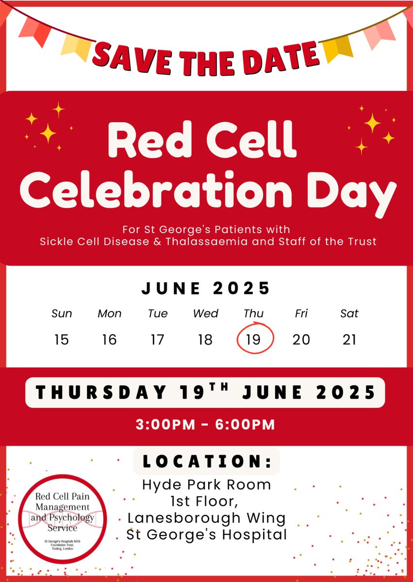 We are excited to be hosting our Red Cell Celebration Day for people with #sicklecell &amp; #thalassaemia and staff from St George's on Thurs 19th June, 3-6pm. We are preparing a great lineup of stands, talks &amp; entertainment. Please do get in touch if you’d like to come! ❤️