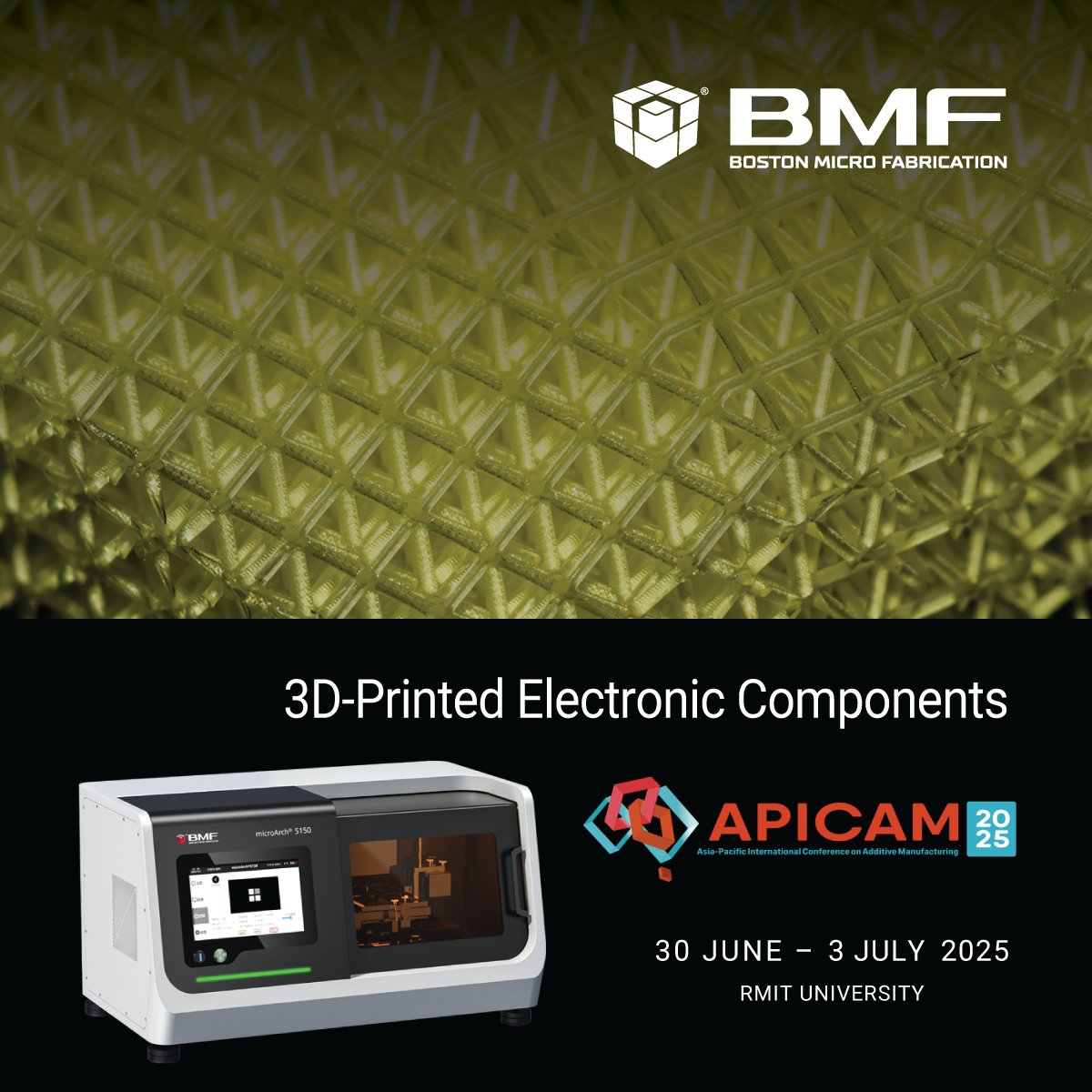 AXT_Australia's tweet image. Need to go beyond the resolution of #FDM #3Dprinting?

The new benchtop microArch S150 from @bmf3d  achieves 25µm res. at an affordable price.

Learn more 👉  www2.axt.com.au/bmf2 or visit our stand at #APICAM

#additivemanufacturing #microfabrication #3Dprinter