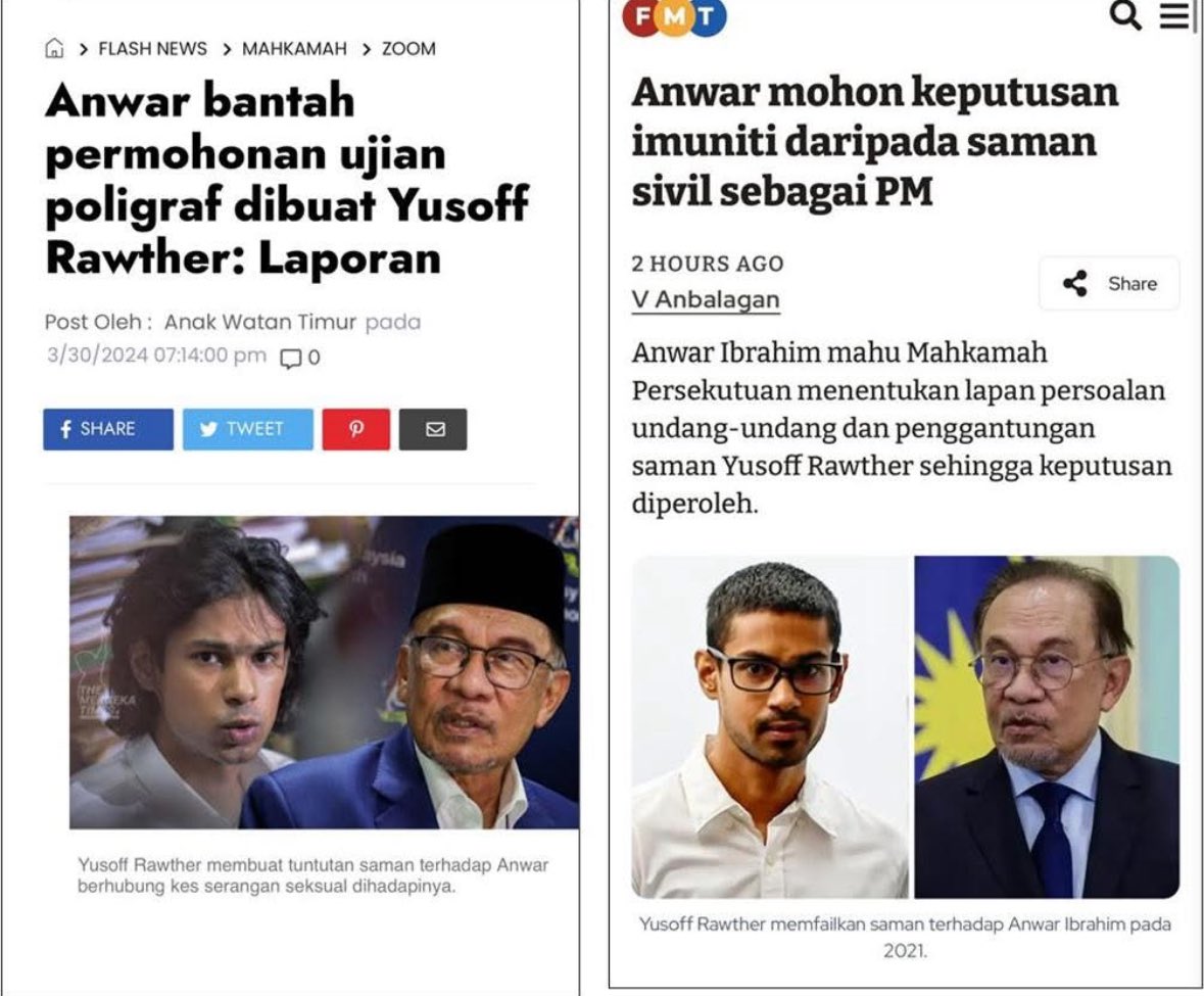 HalimCrypto's tweet photo. Nampak macam betul-betul takut kes saman serangan seksual ni dibawa ke mahkamah, ya?

Mula-mula bantah laporan poligraf Yusof Rawther yang dibuat oleh PDRM daripada dijadikan bukti dalam perbicaraan.

Hari ini pula, PMX mohon mahkamah isytihar dia ada imuniti dari saman sivil… sebab dia Perdana Menteri.

Ingatkan selama ni yang ada imuniti cuma Agong dan Sultan saja - rupanya sekarang PM pun nak kebal juga?

Dulu dia laung "lawan tetap lawan", konon berani hadapi apa saja.

Hari ini sudah jadi "elak terus elak" pula, siap mohon imuniti.