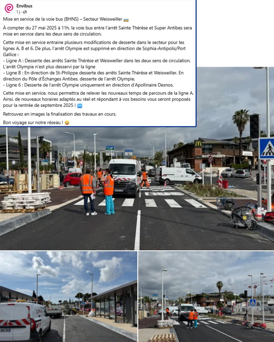 CASAOfficiel's tweet photo. 🚍Ouverture aujourd'hui de la voie bus ligne A, entre l'arrêt Sainte Thérèse (rond point de la Croix Rouge) et Super Antibes !
La finalisation des travaux se poursuit activement afin de vous proposer un service optimal.
@EnvibusOfficiel #LigneA #TransportCASA https://t.co/M8719y9awS