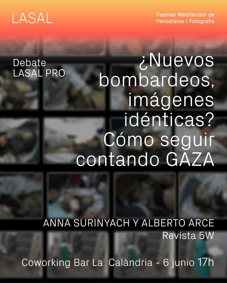 LASAL (@lasalfest) on Twitter photo Nuevo debate LASAL Pro a la vista:
‘¿Nuevos bombardeos, imágenes idénticas?, Cómo seguir contando GAZA’ con <a href="/surianna/">Anna Surinyach</a> y Alberto Arce de <a href="/revista5W/">Revista 5W</a>
Viernes 6 de junio, 17.00h
T’esperem Nuevo debate LASAL Pro a la vista:
‘¿Nuevos bombardeos, imágenes idénticas?, Cómo seguir contando GAZA’ con <a href="/surianna/">Anna Surinyach</a> y Alberto Arce de <a href="/revista5W/">Revista 5W</a>
Viernes 6 de junio, 17.00h
T’esperem