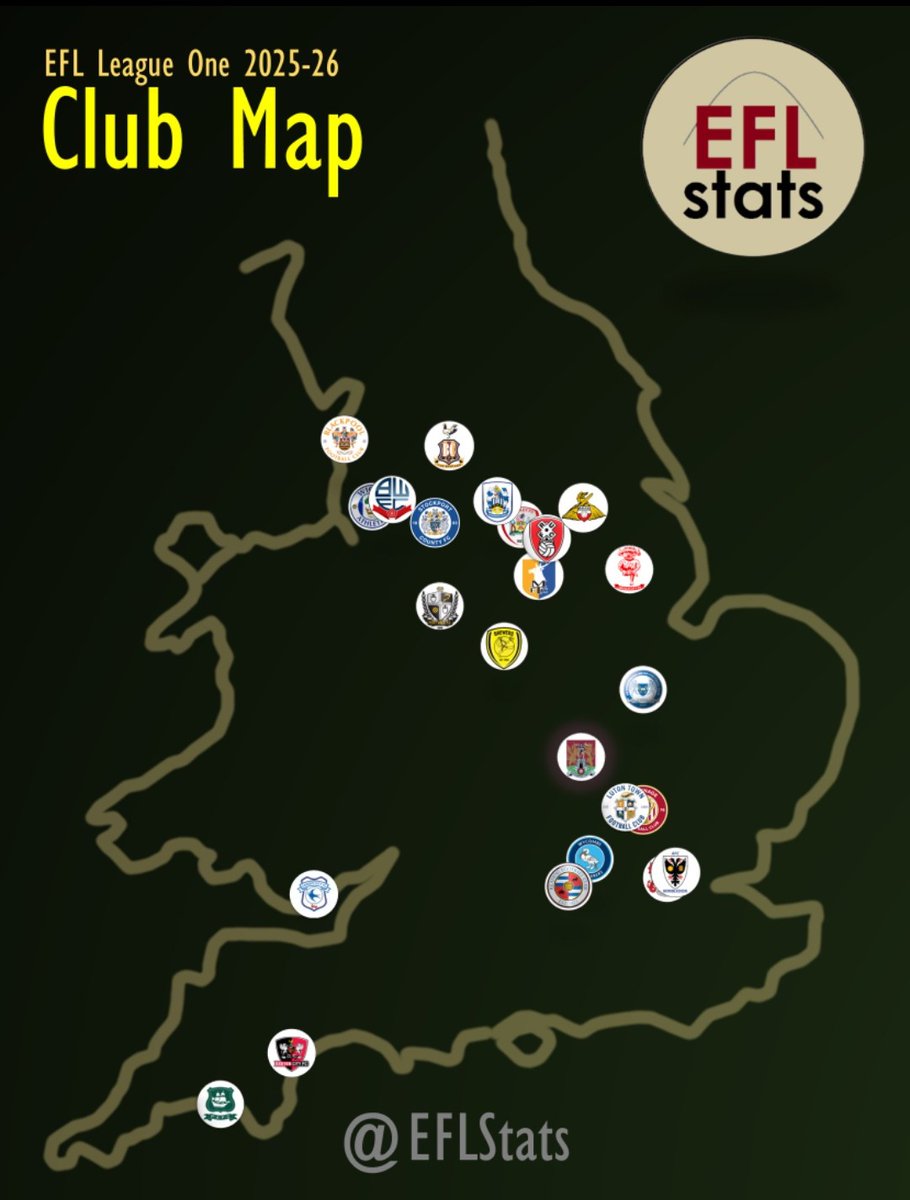 The benefit of being an <a href="/AFCWimbledon/">AFC Wimbledon</a> fan living in Yorkshire is that <a href="/EFL/">EFL</a> league 1 will give me lots of away matches on my doorstep!
Thanks <a href="/EFLStats/">EFL Stats</a> for the map!
#AFCW