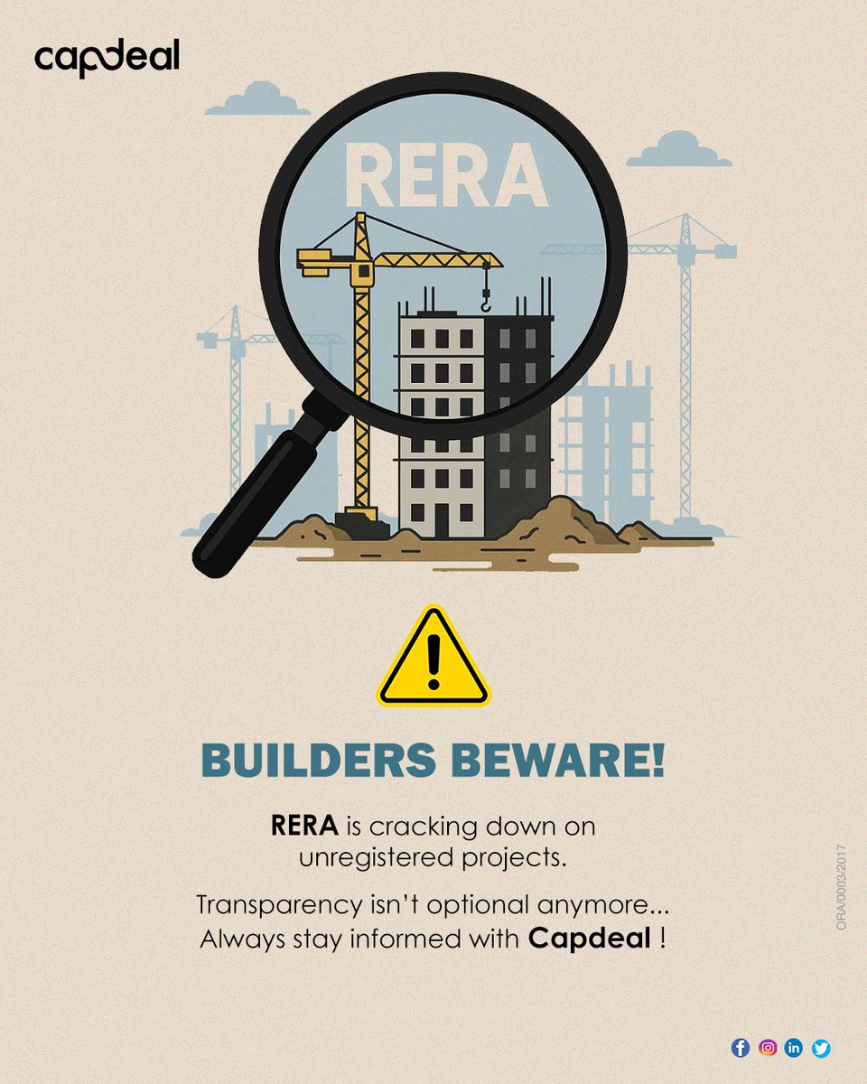 CapdealR's tweet photo. RERA is cracking down on unregistered projects with stricter checks and penalties. Unregistered = illegal and risky. 
Stay updated with Capdeal and stay ahead. 🙌

#RERA #capdeal https://t.co/bx7gcvuPKo