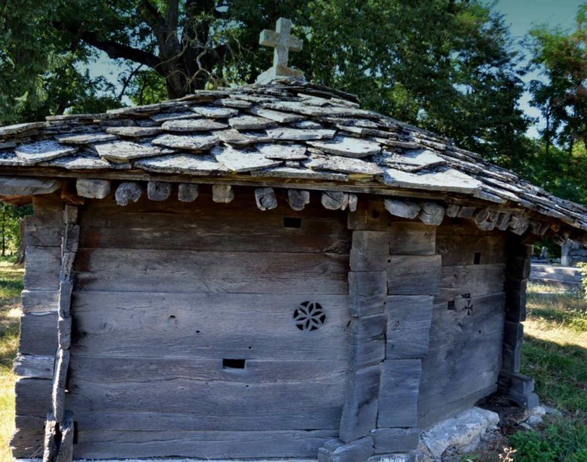 Wooden church of St Jeremiah, Goraždevac, Peć, Metohija, Old Serbia. The earliest mention of this church is from Žiča triptih written in early 13th c. The structure on this photo dates to 17th c. Interestingly the church wall is decorated with Perun flower - Perunika. I have no