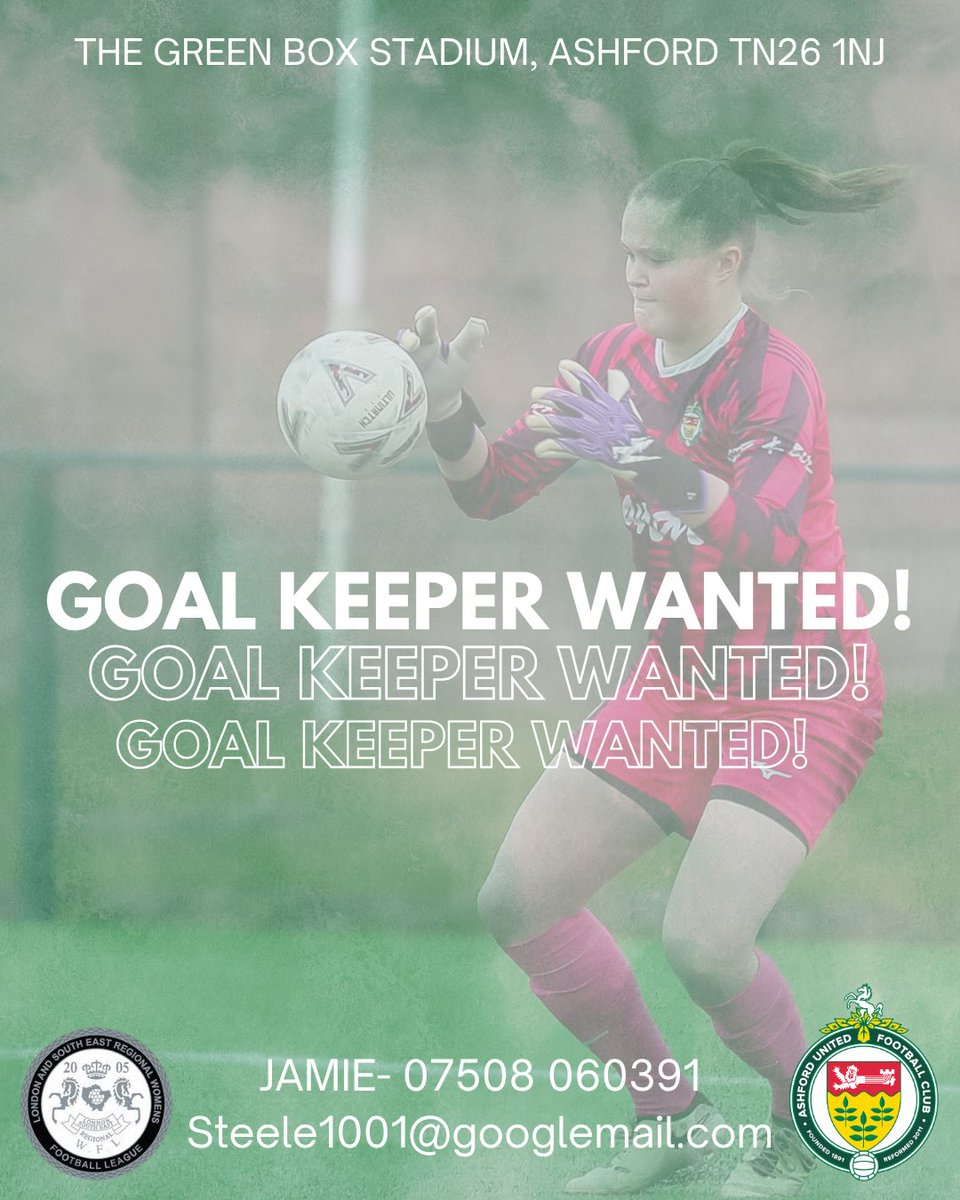 Ashford United Ladies FC (@ashfordladiesfc) on Twitter photo Goal Keeper Wanted!โผ๏ธ
We are looking for a committed goal keeper to join the Ladies 1st Team ๐๐ป
Trial Dates:
Sunday 8th June | 10:00am - 12:00pm
Sunday 6th July | 10:00am - 12:00pm
Contact:
Jamie- 07508 060391
Steeleman1001@googlemail.com
We look forward to hearing from you๐ Goal Keeper Wanted!โผ๏ธ
We are looking for a committed goal keeper to join the Ladies 1st Team ๐๐ป
Trial Dates:
Sunday 8th June | 10:00am - 12:00pm
Sunday 6th July | 10:00am - 12:00pm
Contact:
Jamie- 07508 060391
Steeleman1001@googlemail.com
We look forward to hearing from you๐