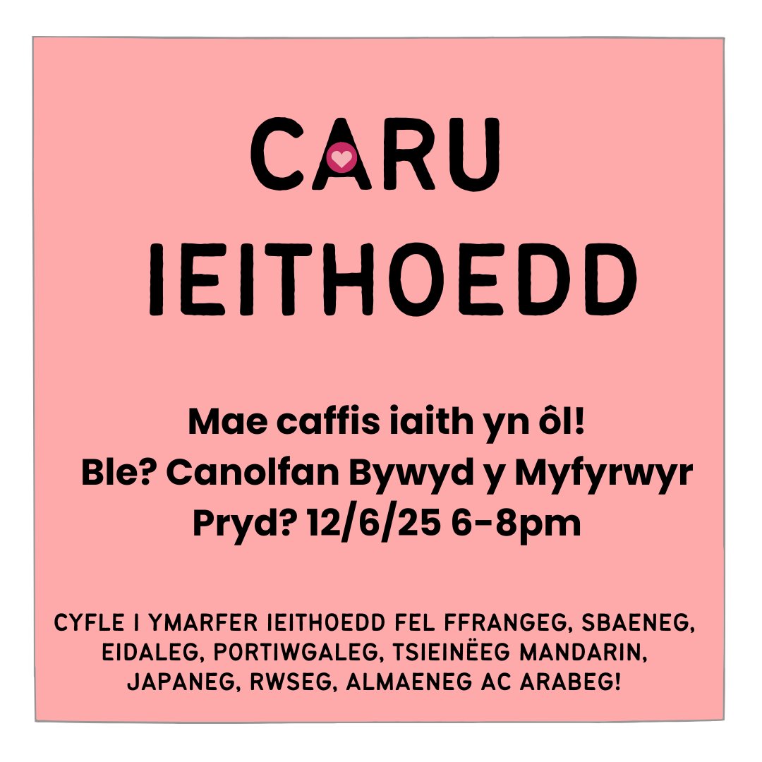 MFL Mentoring Cymru (@mflmentoring) on Twitter photo 📢Myfyrwyr Prifysgol Caerdydd!
☕️Mae Caffis Iaith yn ôl! Dere i gwrdd â ffrindiau newydd a gloywi dy sgiliau iaith yn Ganolfan Bywyd y Myfyrwyr heno rhwng 6-8pm!
#CaruIeithoedd #CoffiaChlonc
<a href="/prifysgolCdydd/">Prifysgol Caerdydd</a> <a href="/cardiffmlang/">Modern Languages</a> <a href="/cardiffstudents/">Cardiff Students' Union</a> 📢Myfyrwyr Prifysgol Caerdydd!
☕️Mae Caffis Iaith yn ôl! Dere i gwrdd â ffrindiau newydd a gloywi dy sgiliau iaith yn Ganolfan Bywyd y Myfyrwyr heno rhwng 6-8pm!
#CaruIeithoedd #CoffiaChlonc
<a href="/prifysgolCdydd/">Prifysgol Caerdydd</a> <a href="/cardiffmlang/">Modern Languages</a> <a href="/cardiffstudents/">Cardiff Students' Union</a>