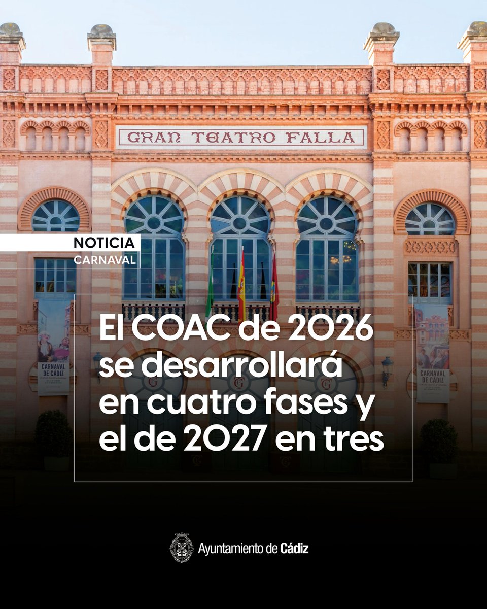 🔵 El Concurso de Carnaval #COAC de 2026 se desarrollará en cuatro fases y el de 2027 en tres

✅ El Ayuntamiento destaca que se han tenido en cuenta las propuestas presentadas por los colectivos en el proceso de escucha del Consejo de Participación dando prioridad a la cantera