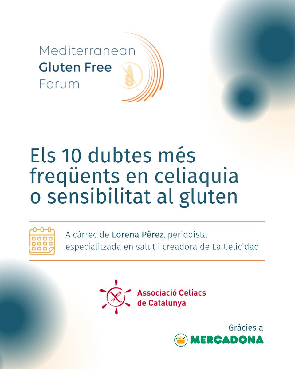 📅 Activitats al Mediterranean Gluten Free Forum, gràcies a @mercadona. Es faran a l'espai Mediterranean
31 MAIG
🔹 12h - Els 10 dubtes més freqüents en celiaquia o sensibilitat al gluten, a càrrec de Lorena Pérez, periodista especialitzada en salut, creadora de <a href="/Celicidadsinglu/">Celicidad</a>