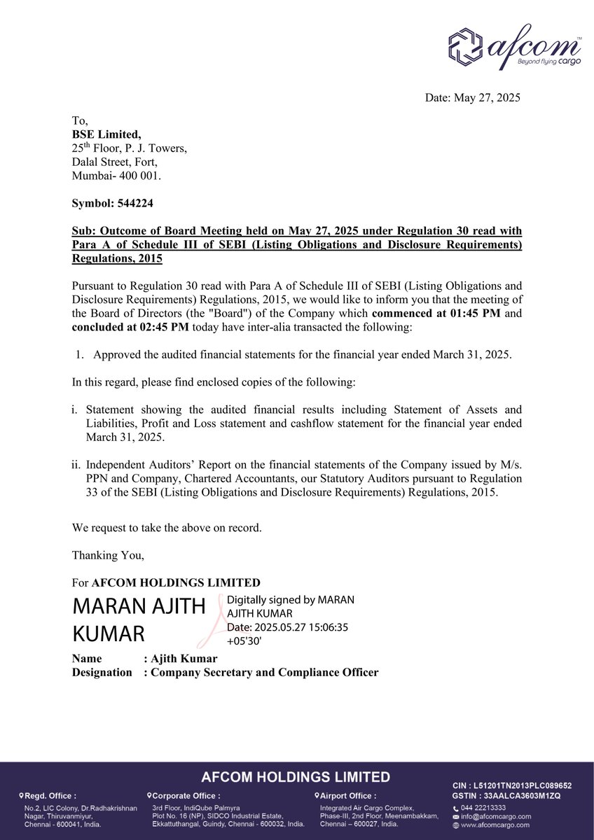 nileshkurhade's tweet image. 📌 Afcom Holdings Ltd informed the exchange about its approval for the financial results for the period ended March 31, 2025. #SME #AFCOM 📄🧾