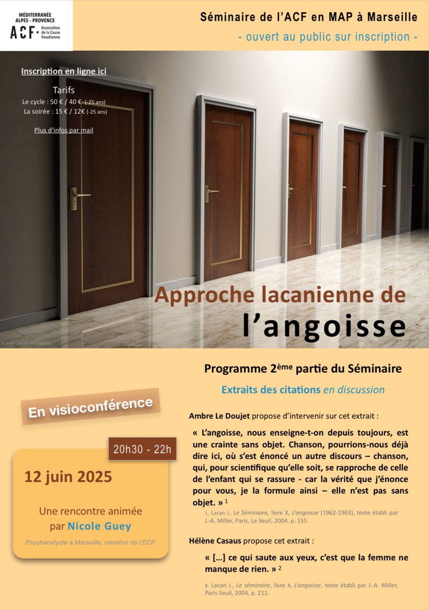 ACFenMAP's tweet photo. 🔸 Séminaire interne ACF en MAP : Approche lacanienne de l’angoisse - 3ème séance le 12 juin à 20h30 en visio 

🖋️ Inscriptions : https://t.co/4mpDD7Vovw https://t.co/cprGZv9dlB