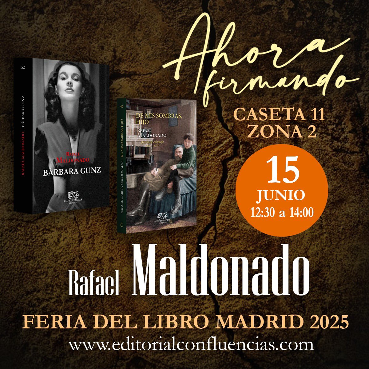 Rafael Maldonado (@rgmaldo) on Twitter photo Este año estaré en la feria de Libro de Madrid (<a href="/FLMadrid/">Feria del Libro de Madrid</a>) dos días seguidos, con Bárbara Gunz y también con De mis sombras, hijo; mis dos libros con editorial <a href="/Confluencias1/">Confluencias Editorial</a>.
El sábado 14 y el domingo 15 de junio.
Allí nos vemos, lectores y amigos. Este año estaré en la feria de Libro de Madrid (<a href="/FLMadrid/">Feria del Libro de Madrid</a>) dos días seguidos, con Bárbara Gunz y también con De mis sombras, hijo; mis dos libros con editorial <a href="/Confluencias1/">Confluencias Editorial</a>.
El sábado 14 y el domingo 15 de junio.
Allí nos vemos, lectores y amigos.