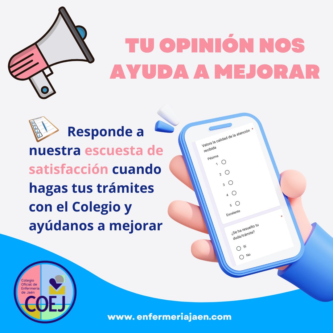 📝El COEJ pone en marcha una 𝐞𝐧𝐜𝐮𝐞𝐬𝐭𝐚 𝐝𝐞 𝐬𝐚𝐭𝐢𝐬𝐟𝐚𝐜𝐜𝐢𝐨́𝐧 para conocer la opinión de los colegiados con respecto a los trámites y gestiones que realicen con la institución. 
 
🙂 ¡Ayúdanos a mejorar! 

#EncuestaDeSatisfacción 

enfermeriajaen.com/sala-prensa/el…