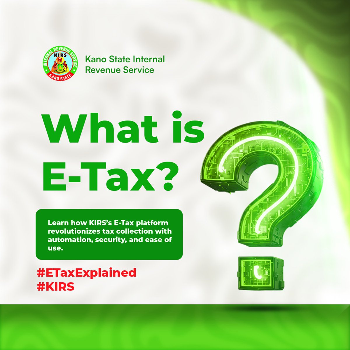 Kirsonline's tweet image. Revolutionizing Tax Admin in the Digital Age! Kano State's E-Tax System offers streamlined processes, transparency &amp;amp; security. Seamless tax filing at your fingertips! 
#ETax #DigitalTransformation #KIRS