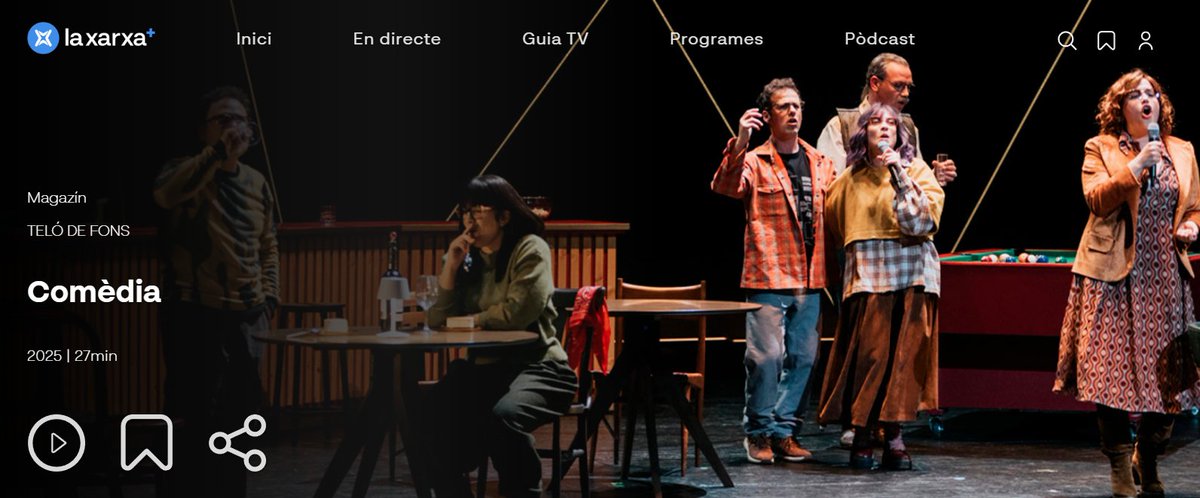 Teló de fons (@telodefons) on Twitter photo 🎭Ja pots veure el darrer capítol: #comèdia #teatre
▶️laxarxames.cat/movie-details/…
👉La brama del cérvol #lacalorica #lliure
👉Kramig <a href="/martabuchaca/">marta buchaca</a> <a href="/EspaiTexasBcn/">Espai Texas</a>
👉Un menú tancat <a href="/La_Villarroel/">La Villarroel</a> <a href="/llatzer_garcia/">Llàtzer Garcia</a>
👉La criatura del Dr. Frankestein <a href="/SalaAtrium/">Sala Atrium</a>
🎥<a href="/CanalTerrassa/">Canal Terrassa</a> 🎭Ja pots veure el darrer capítol: #comèdia #teatre
▶️laxarxames.cat/movie-details/…
👉La brama del cérvol #lacalorica #lliure
👉Kramig <a href="/martabuchaca/">marta buchaca</a> <a href="/EspaiTexasBcn/">Espai Texas</a>
👉Un menú tancat <a href="/La_Villarroel/">La Villarroel</a> <a href="/llatzer_garcia/">Llàtzer Garcia</a>
👉La criatura del Dr. Frankestein <a href="/SalaAtrium/">Sala Atrium</a>
🎥<a href="/CanalTerrassa/">Canal Terrassa</a>