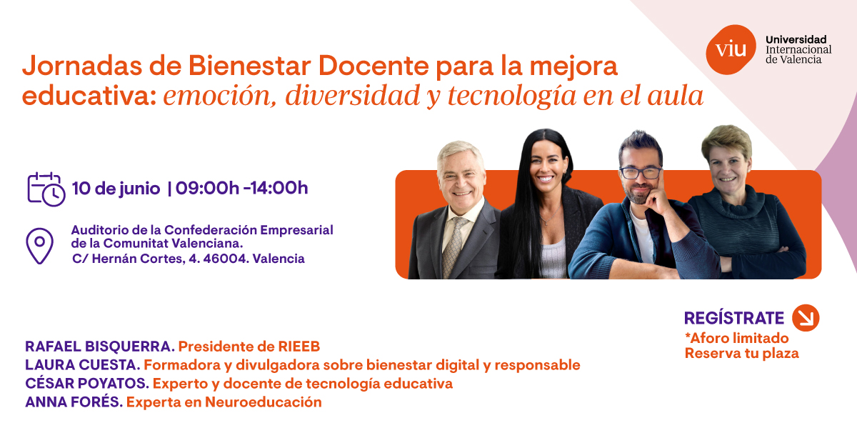 💬 ¿Y si el bienestar docente fuera la clave para transformar la educación?💡Emoción, inclusión y tecnología en el aula.
📅 Martes, 10 de junio | 9:00–14:00 - Auditorio CEV
Con ponentes como #AnnaFores, <a href="/RafaelBisquerra/">Rafael Bisquerra </a> <a href="/LauraCuestaCano/">Ｌａｕｒａ Ｃｕｅｓｔａ Ｃａｎｏ</a> Inscripción: lnkd.in/dy-zp4Vu