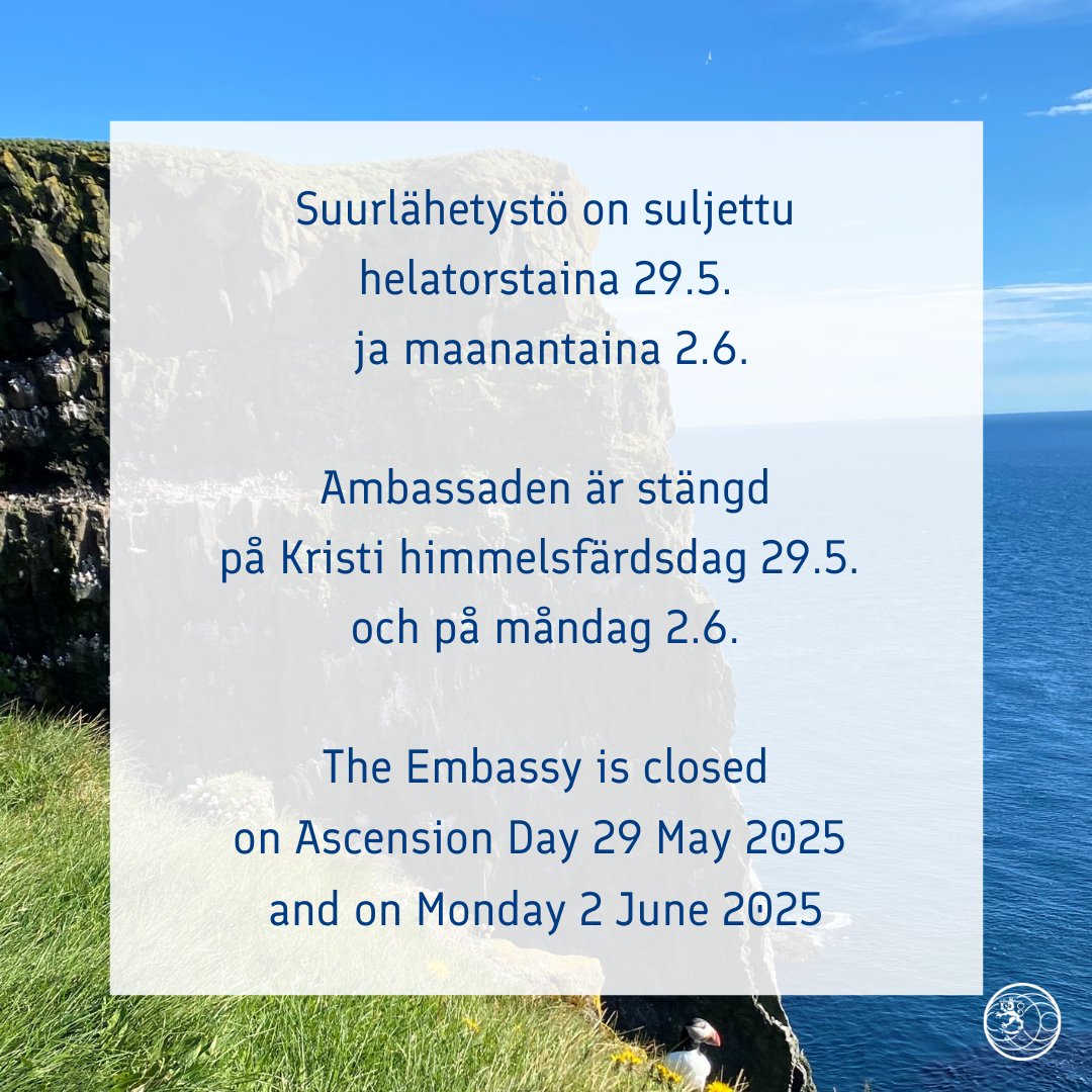 Suurlähetystö on suljettu helatorstaina 29.5.2025 sekä maanantaina 2.6.2025.

Hätätapauksessa ota yhteyttä ulkoministeriön päivystykseen:
puh. +358 9 1605 5555
tai sähköpostitse paivystys.um@gov.fi