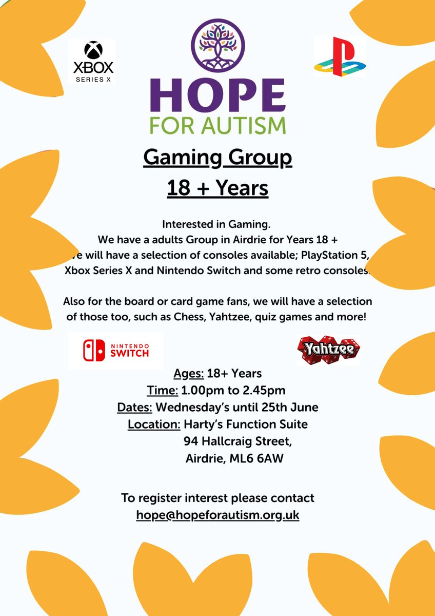 HOPE for Autism (@hopeforautismnl) on Twitter photo Live in Airdrie area, interested in Gaming Aged 18+ Years
Come along to Harty's Function Suite in Airdrie.
We'll have a selection of consoles available; PlayStation 5, Xbox Series X and Nintendo Switch and some retro consoles.
Contact hope@hopeforautism.org.uk Live in Airdrie area, interested in Gaming Aged 18+ Years
Come along to Harty's Function Suite in Airdrie.
We'll have a selection of consoles available; PlayStation 5, Xbox Series X and Nintendo Switch and some retro consoles.
Contact hope@hopeforautism.org.uk