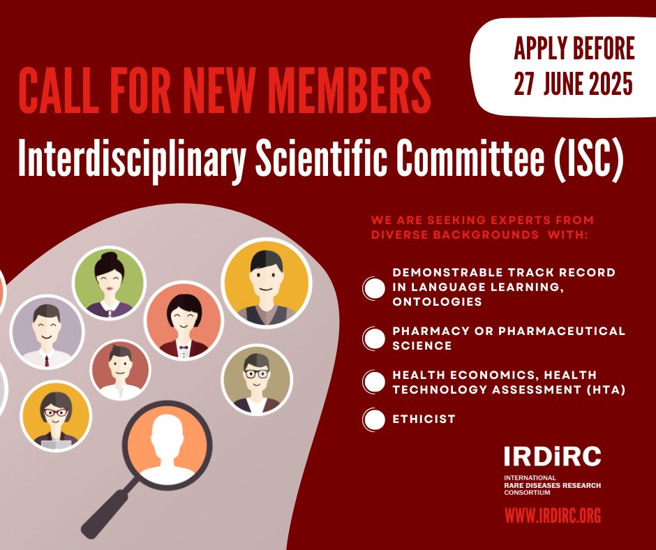 📢 Call for New Members: IRDiRC ISC! 🌍

We’re looking for experts in:
🔹 Ontologies/language learning
🔹 Pharmacy/pharmaceutical sciences
🔹 Health economics/HTA
🔹 Ethics

🗓️ Apply by 27 June 2025
📩 scientific.secretariat[at]irdirc.org
🔗 irdirc.org/isc/