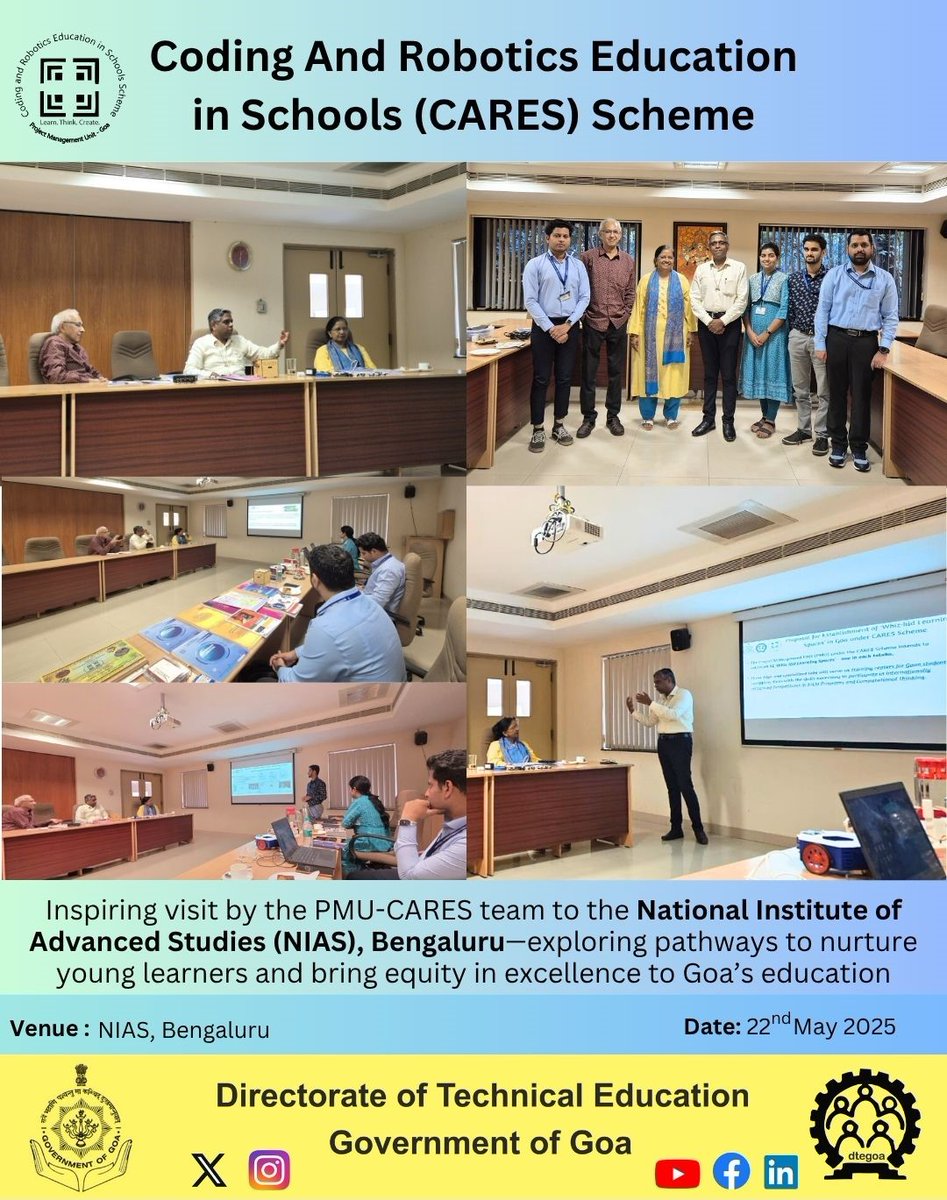 Inspiring visit by the PMU-CARES team to the National Institute of Advanced Studies (NIAS), Bengaluru - exploring pathways to nurture young learners and bring equality in excellence to Goa's education.

#CARES #coding #robotics #education #schools #NIAS
