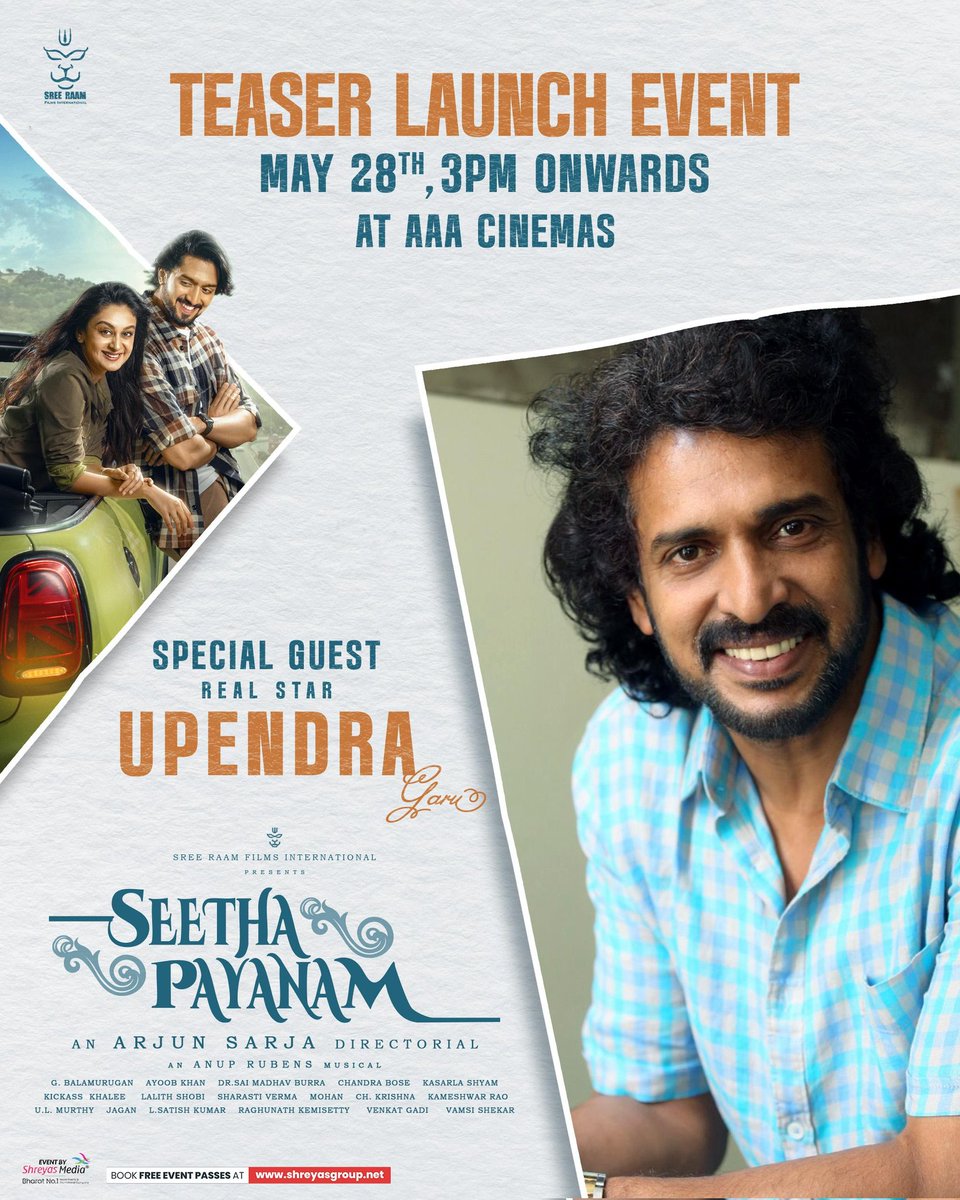 πππ¦π¬π’ππ‘ππ€ππ« (@ursvamsishekar) on Twitter photo Real Star <a href="/nimmaupendra/">Upendra</a> Garu, will grace the #SeethaPayanam Teaser launch event as the special guest β¨β€βπ₯
May 28th, 3 PM onwards at AAA Cinemas π€©
<a href="/akarjunofficial/">Arjun</a> #AishwaryaArjun <a href="/NiranjanSudhi/">πππππΌππ
πΌπ</a> <a href="/DhruvaSarja/">Dhruva Sarja</a> <a href="/anuprubens/">anuprubens</a> <a href="/prakashraaj/">Prakash Raj</a> #Sathyaraj #SaiMadhavBurra <a href="/SreeRaamFilms/">Sree Raam Film International</a> Real Star <a href="/nimmaupendra/">Upendra</a> Garu, will grace the #SeethaPayanam Teaser launch event as the special guest β¨β€βπ₯
May 28th, 3 PM onwards at AAA Cinemas π€©
<a href="/akarjunofficial/">Arjun</a> #AishwaryaArjun <a href="/NiranjanSudhi/">πππππΌππ
πΌπ</a> <a href="/DhruvaSarja/">Dhruva Sarja</a> <a href="/anuprubens/">anuprubens</a> <a href="/prakashraaj/">Prakash Raj</a> #Sathyaraj #SaiMadhavBurra <a href="/SreeRaamFilms/">Sree Raam Film International</a>
