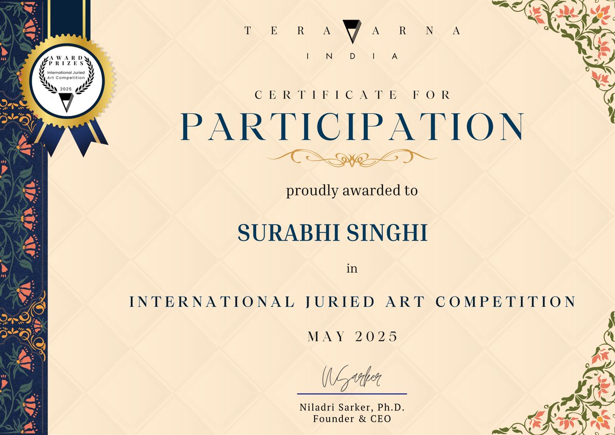 VisualStarseed's tweet image. Big news! 🎉🇮🇳
I’ve received a Certificate from TERAVARNA India for the International Juried Art Competition (May 2025).
Grateful for this recognition to be featured on the global stage. 
Thank you to the TERAVARNA team!
#ContemporaryArt #Teravarna #SurabhiSinghi 
@teravarna