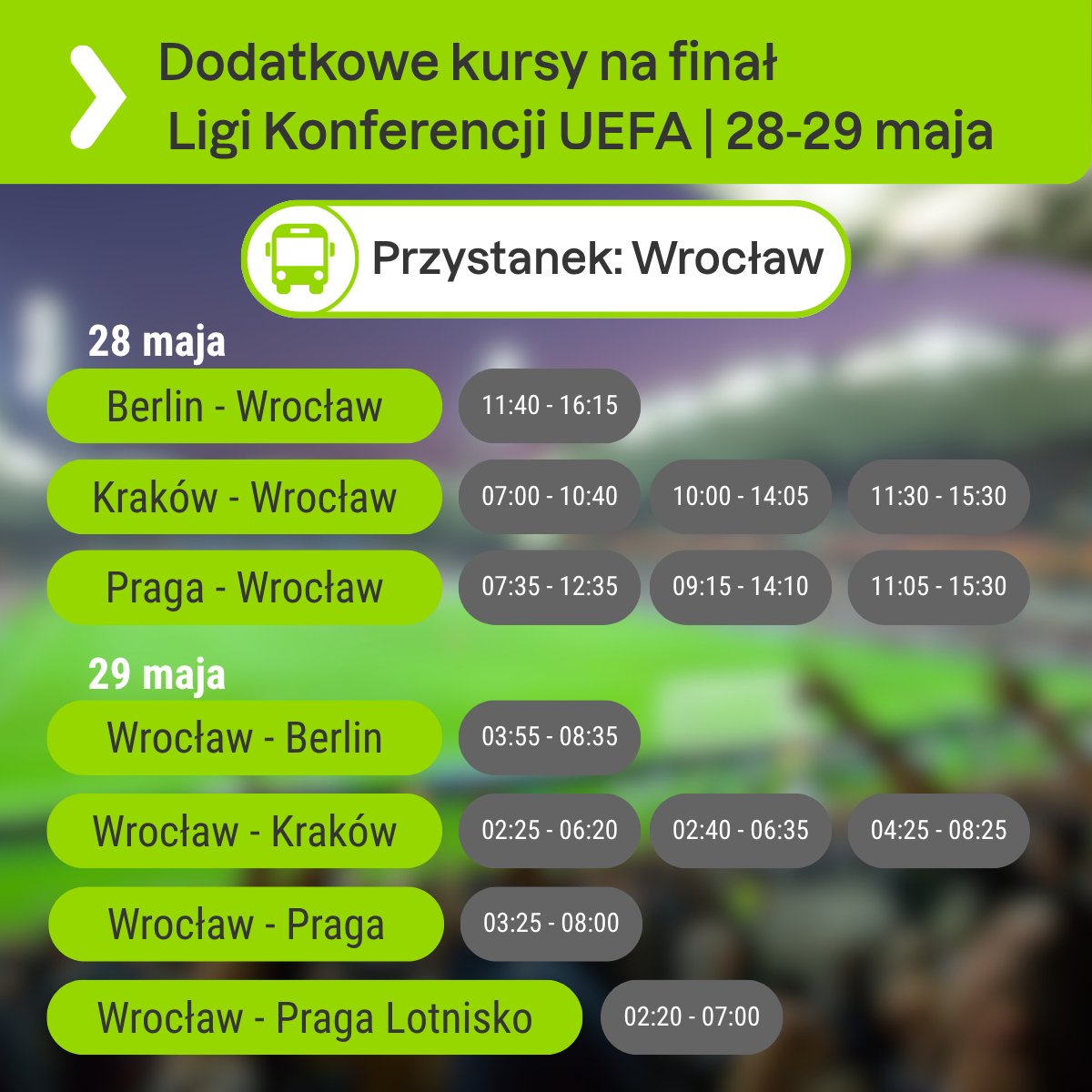 FlixBus_PL's tweet image. Już jutro we Wrocławiu piłkarskie emocje sięgną zenitu!⚽️ Finał Ligi Konferencji UEFA🤩
Z tej okazji uruchamiamy dodatkowe kursy m.in. z Krakowa, Berlina czy Pragi! 
Do zobaczenia jutro w strefie fana FlixBusa na Rynku Głównym!💚
@wroclaw_info