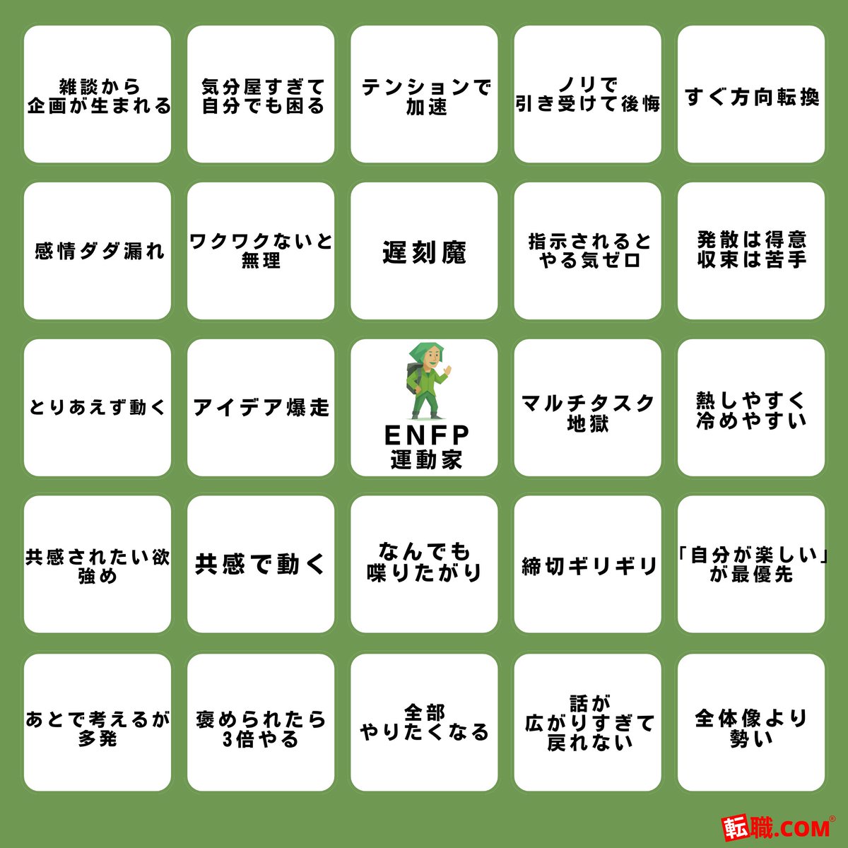 tenshoku_comcom's tweet photo. MBTI別「仕事あるあるビンゴ」できました🧩

INFP(仲介者)
INFJ(提唱者)
ENFP(運動家)
ENFJ(主人公)

✅ 自分のタイプ見つけて
✅ 何マス当てはまる？ https://t.co/uu98Qfnp2z