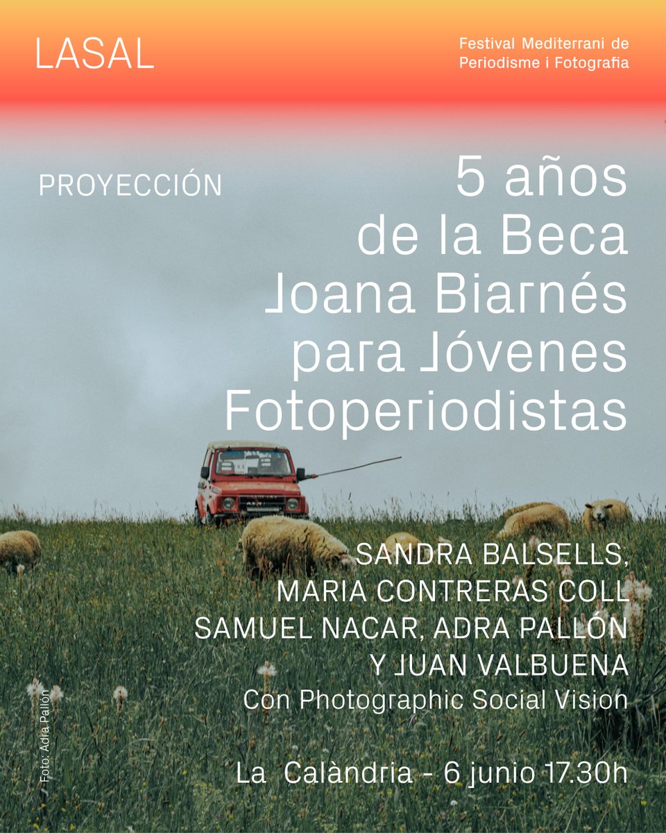 LASAL (@lasalfest) on Twitter photo 5 años de la Beca Joana Biarnés para Jóvenes Fotoperiodistas
Viernes 6 de junio a las 17.30h
Cinema La Calàndria.
T’esperem!
<a href="/PhotographicSV/">Photographic Social Vision</a>
Amb Sandra Balsells, Maria Contreras Coll, <a href="/samuelnacar/">Samuel Nacar</a>, <a href="/A_PALLON/">Adra Pallon</a> y Juan Valbuena. 5 años de la Beca Joana Biarnés para Jóvenes Fotoperiodistas
Viernes 6 de junio a las 17.30h
Cinema La Calàndria.
T’esperem!
<a href="/PhotographicSV/">Photographic Social Vision</a>
Amb Sandra Balsells, Maria Contreras Coll, <a href="/samuelnacar/">Samuel Nacar</a>, <a href="/A_PALLON/">Adra Pallon</a> y Juan Valbuena.