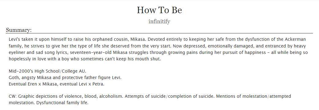 infinitify_'s tweet image. — HOW TO BE —
#attackontitan modern au - 2000s
♱ multi-chapter slow burn / slice of life
♱ dysfunctional family / dark themes
♱ humor / friendship
♡ #eremika 
♡ #rivetra 

🔗archiveofourown.org/works/44105838

(art by @Novalise1)