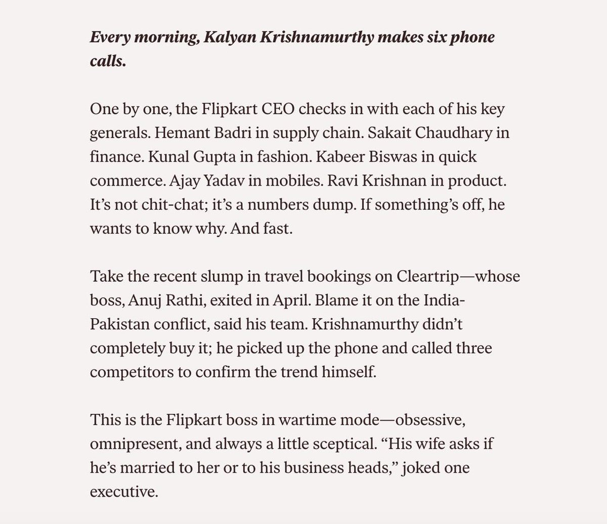 Kalyan Krishnamurthy has steadied the ship for Flipkart multiple times since he became CEO. A hard taskmaster, he has relied on top SVPs to get the org through its slump. But as execution falters &amp; ideas dry up, execs are being held accountable.
Details in my story for <a href="/TheKenWeb/">The Ken</a>