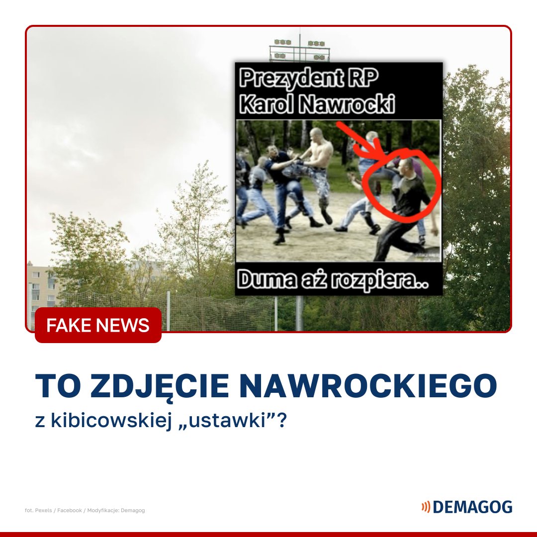 🔎 DEMAGOG (@demagogpl) on Twitter photo 👀 W sieci pojawiło się zdjęcie, na którym rzekomo widać jak <a href="/NawrockiKn/">Karol Nawrocki</a> bierze udział w kibicowskiej bójce. ❌ fakenews.
👉 Wskazana fotografia pochodzi z 2004 roku i przedstawia „trening” grupy skinheadów na obrzeżach Moskwy. Nie ma na niej Karola Nawrockiego.
❗ 👀 W sieci pojawiło się zdjęcie, na którym rzekomo widać jak <a href="/NawrockiKn/">Karol Nawrocki</a> bierze udział w kibicowskiej bójce. ❌ fakenews.
👉 Wskazana fotografia pochodzi z 2004 roku i przedstawia „trening” grupy skinheadów na obrzeżach Moskwy. Nie ma na niej Karola Nawrockiego.
❗