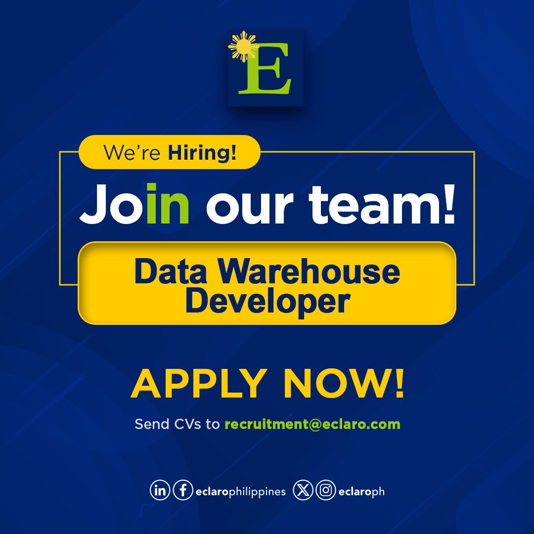 EclaroPh's tweet photo. We’re hiring a Data Warehouse Developer and play a key role in shaping the way information is stored and accessed for our global client.

Send your CV to recruitment@eclaro.com.

Don't forget to mention where you've seen us. 😉

#ECLAROPh #ECLAROCareers #DataWarehouseDeveloper https://t.co/QewvEi8D8z