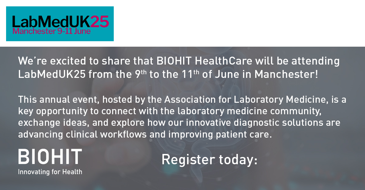 BIOHIT HealthCare Ltd (@biohithealthuk) on Twitter photo We’re attending #LabMedUK25 from the 9th-11th of June in Manchester!
Join us to discover how BIOHIT’s #diagnostic innovations are supporting smarter, faster clinical decisions.
Register now: labmed.org.uk/25labmeduk.html
#LabMedicine #HealthcareInnovation
<a href="/LabMedNews/">Association for Laboratory Medicine</a> We’re attending #LabMedUK25 from the 9th-11th of June in Manchester!
Join us to discover how BIOHIT’s #diagnostic innovations are supporting smarter, faster clinical decisions.
Register now: labmed.org.uk/25labmeduk.html
#LabMedicine #HealthcareInnovation
<a href="/LabMedNews/">Association for Laboratory Medicine</a>