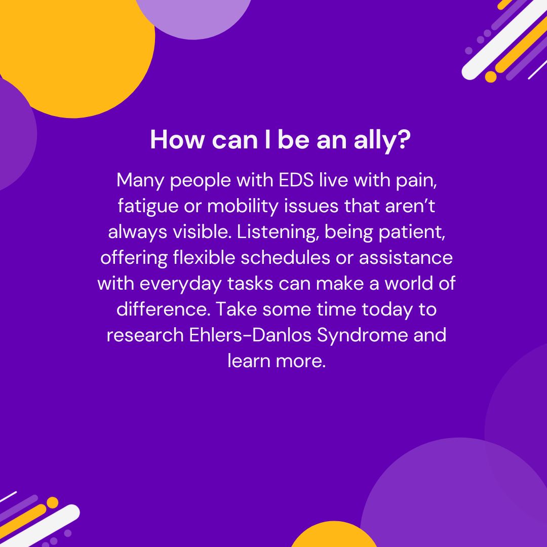 PurpleTuesNov's tweet image. May is Ehlers-Danlos Syndrome Awareness Month 💜

EDS affects connective tissue, often causing pain, fatigue &amp;amp; joint issues — even without visible signs.
Let’s learn, listen &amp;amp; support. Small changes make a big impact.

#EDSAwareness #InvisibleDisability #SupportNotStigma