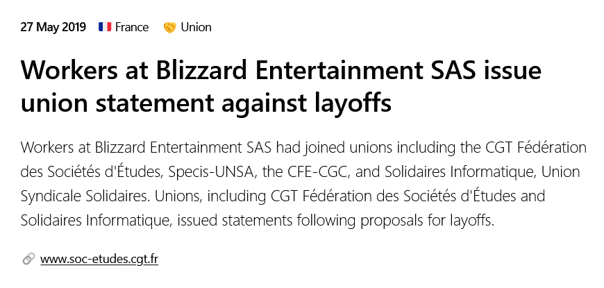 #OtD 27 May 2019 Workers at Blizzard Entertainment SAS in France joined unions and issued statements following proposals for layoffs

 gameworkersolidarity.com/action/2019-05…