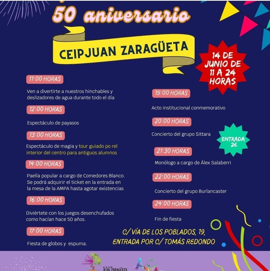AVVcarcavas's tweet photo. Nuestro cole @ceip_zaragueta cumple 50 añazos 🎂 
...¡ y menuda fiestaza han preparado!! 🥳
 ¿Estás preparado?

#Hortaleza #Carcavas #Valdebebas
@ampazaragueta https://t.co/XsDHyoeu4i