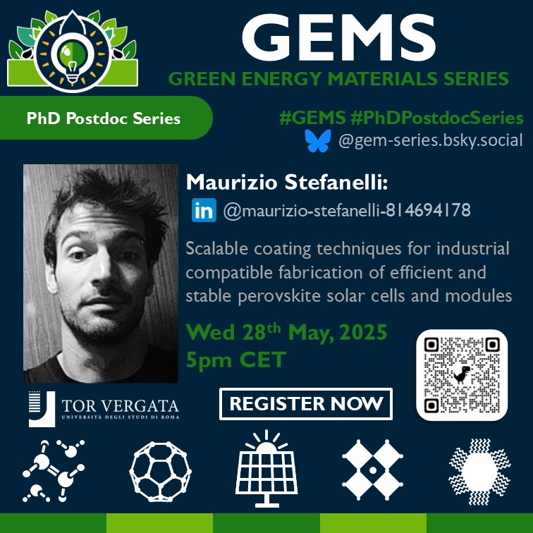 Simon Kahmann (@skahmn) on Twitter photo We have another great talk in the <a href="/GEM__series/">Green Energy Materials Series</a> on offer! Join us tomorrow for Maurizio's presentation on the realm of coating techniques to scale up the fabrication of #perovskite solar cells and modules! We have another great talk in the <a href="/GEM__series/">Green Energy Materials Series</a> on offer! Join us tomorrow for Maurizio's presentation on the realm of coating techniques to scale up the fabrication of #perovskite solar cells and modules!