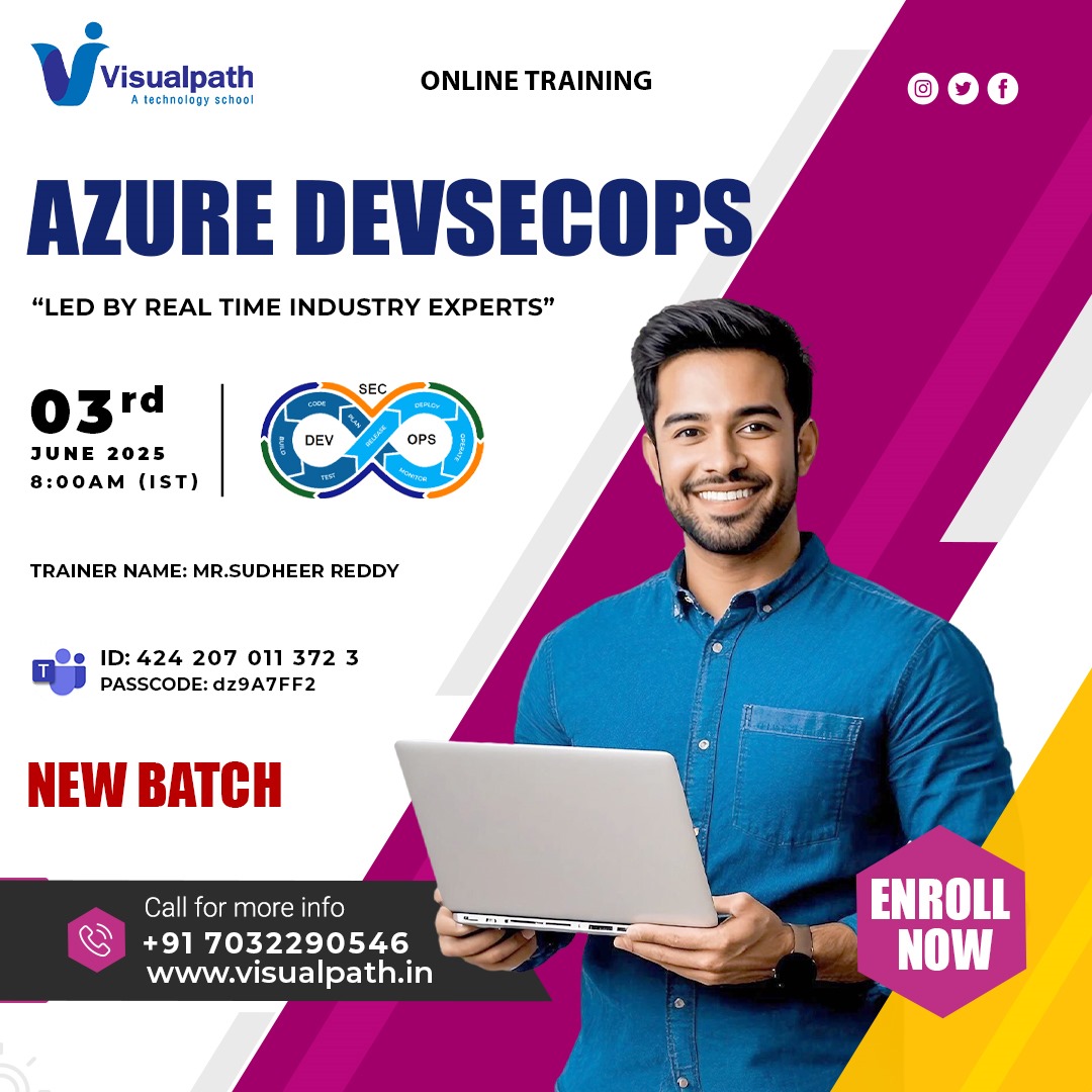 VisualpathPro's tweet image. Join link: bit.ly/4dwaPUO
Meeting ID: 424 207 011 372 3
Passcode: dz9A7FF2
Attend Online #newbatch On #AzureDevSecOps
Batch on: 3rd June, 2025 @ 8:00 AM
Call us: +91 7032290546
WhatsApp: wa.me/c/917032290546
Visit: visualpath.in/azure-devops-o…
#DevSecOpsTraining